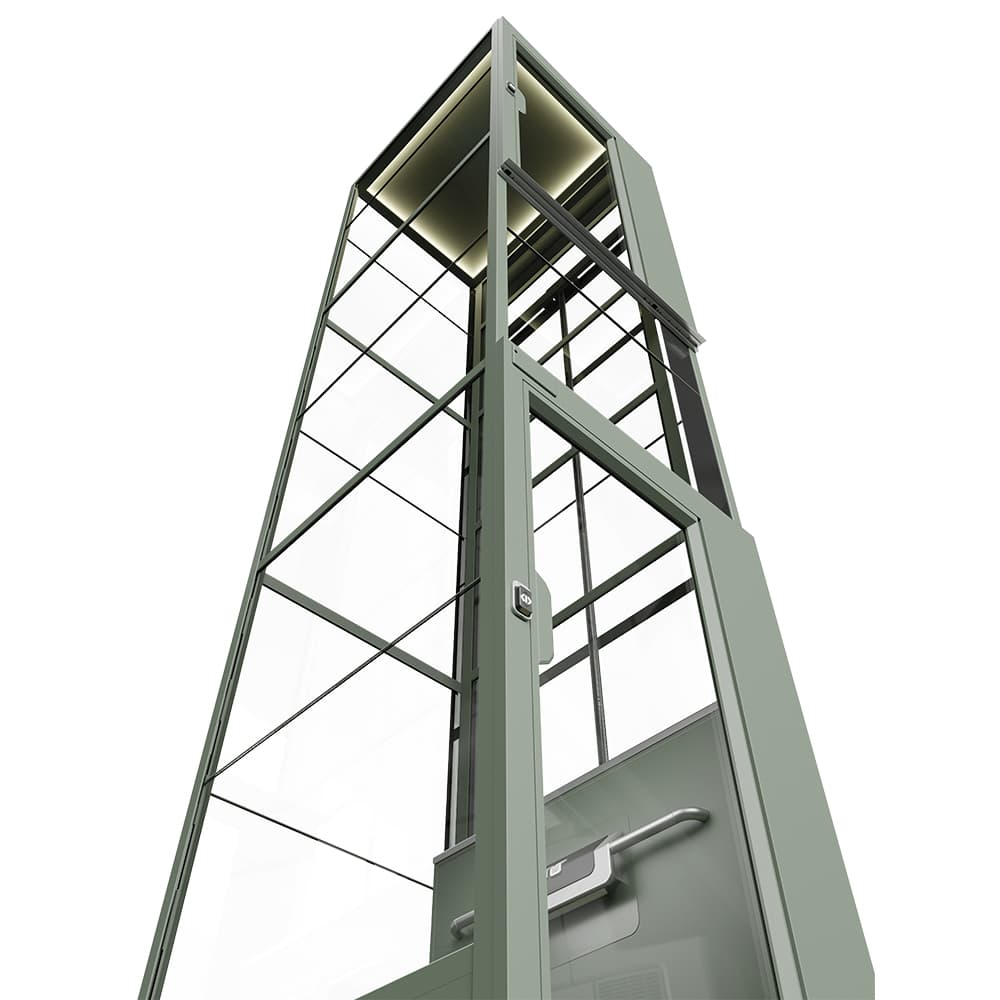 Sage green Cibes Cloud Plus platform lift with panoramic lift shaft