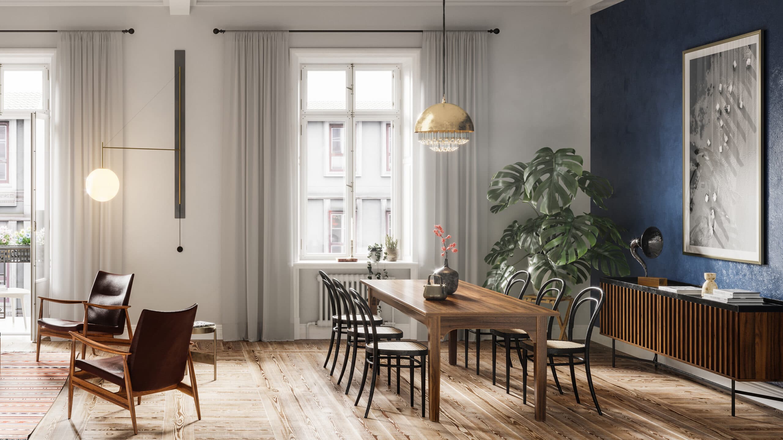The 7 biggest interior design trends of 2025 - example of dining and living room in a 19th century apartment with white walls, blue feature wall, and a mix of modern and vintage, retro style furniture.