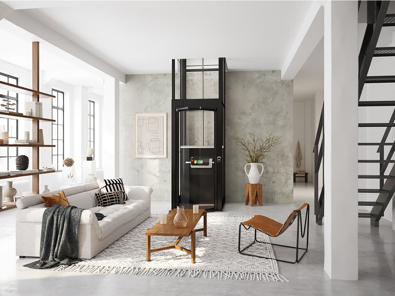 Black, modular and sustainable home lift in an artistic luxury loft apartment with artwork.