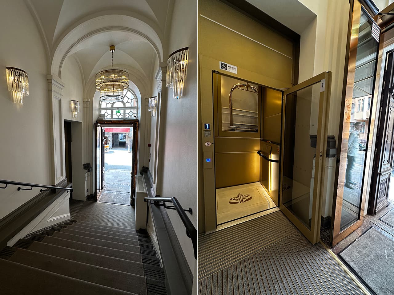 A brightly lit Art Deco hallway with arched ceilings, ornate chandeliers, and wall-mounted lights leads to a glass door with an exterior view of a street. Next to it an image of a gold-coloured Cibes Air platform lift installed next to entrance.