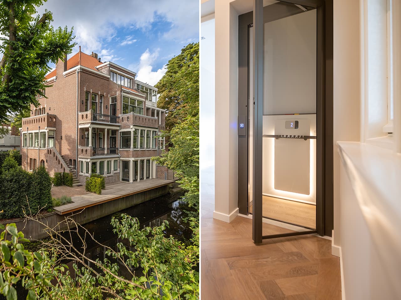 A large, old multi-story brick house with balconies and large windows, surrounded by greenery and situated next to a canal. Next to it an image of a sleek and modern Cibes Air home lift installed inside the home.