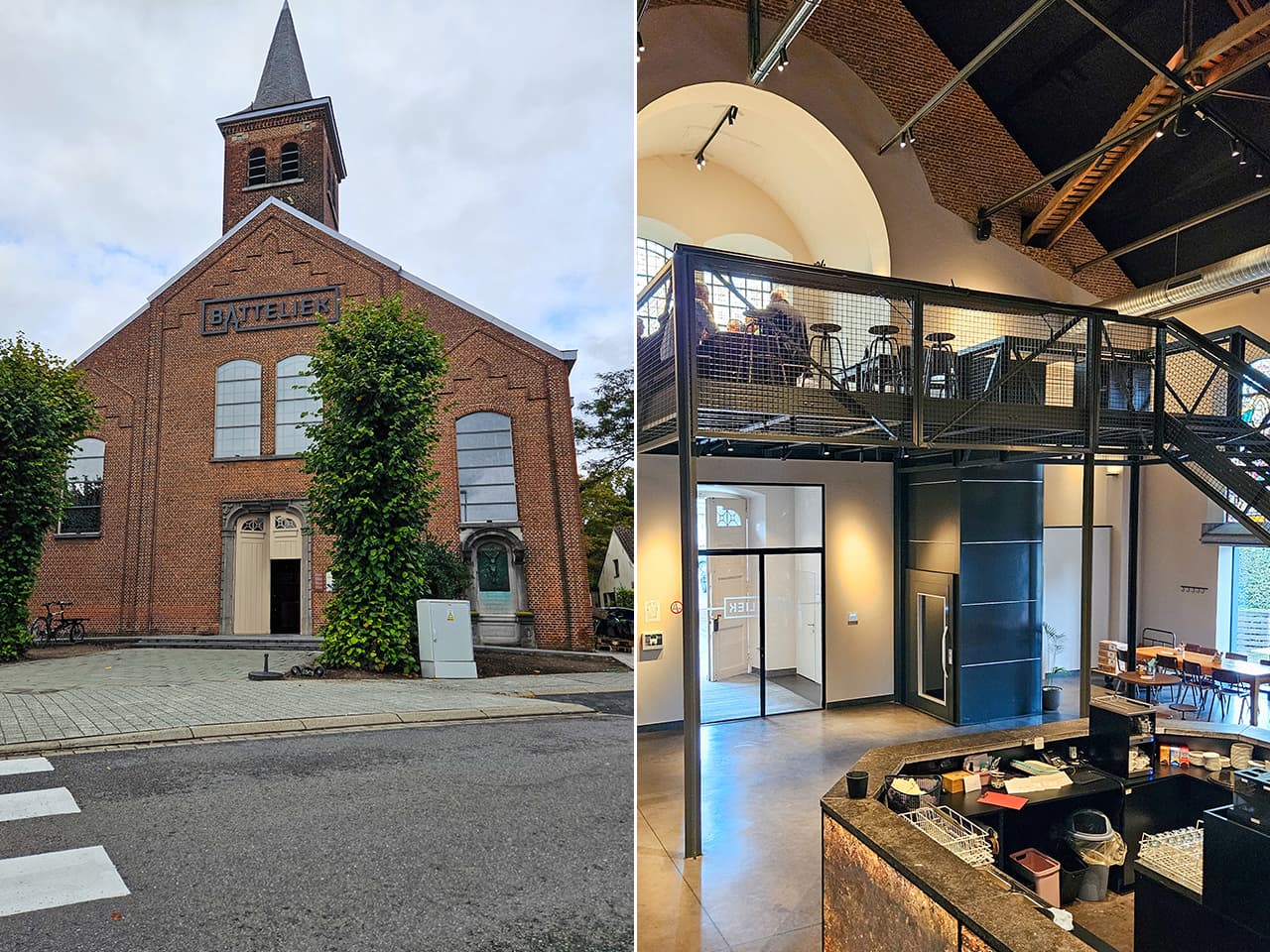 A red-brick chapel building with a tall steeple and large arched windows, labeled "BATTELEK" above the entrance, surrounded by greenery and a paved area. Next to it an image of the old interior with a grey Cibes A5000 platform lift installed through a newly added mezzanine.