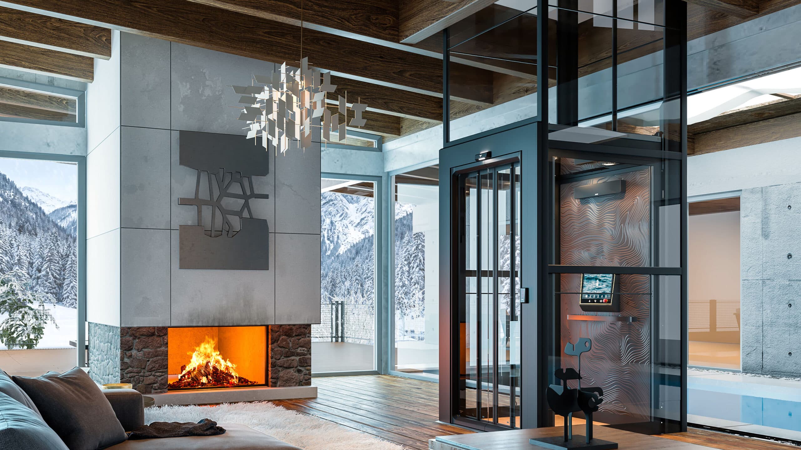 Luxuriöser Antera-Hausaufzug mit modularem Glasschacht, installiert in einer modernen Wohnanlage