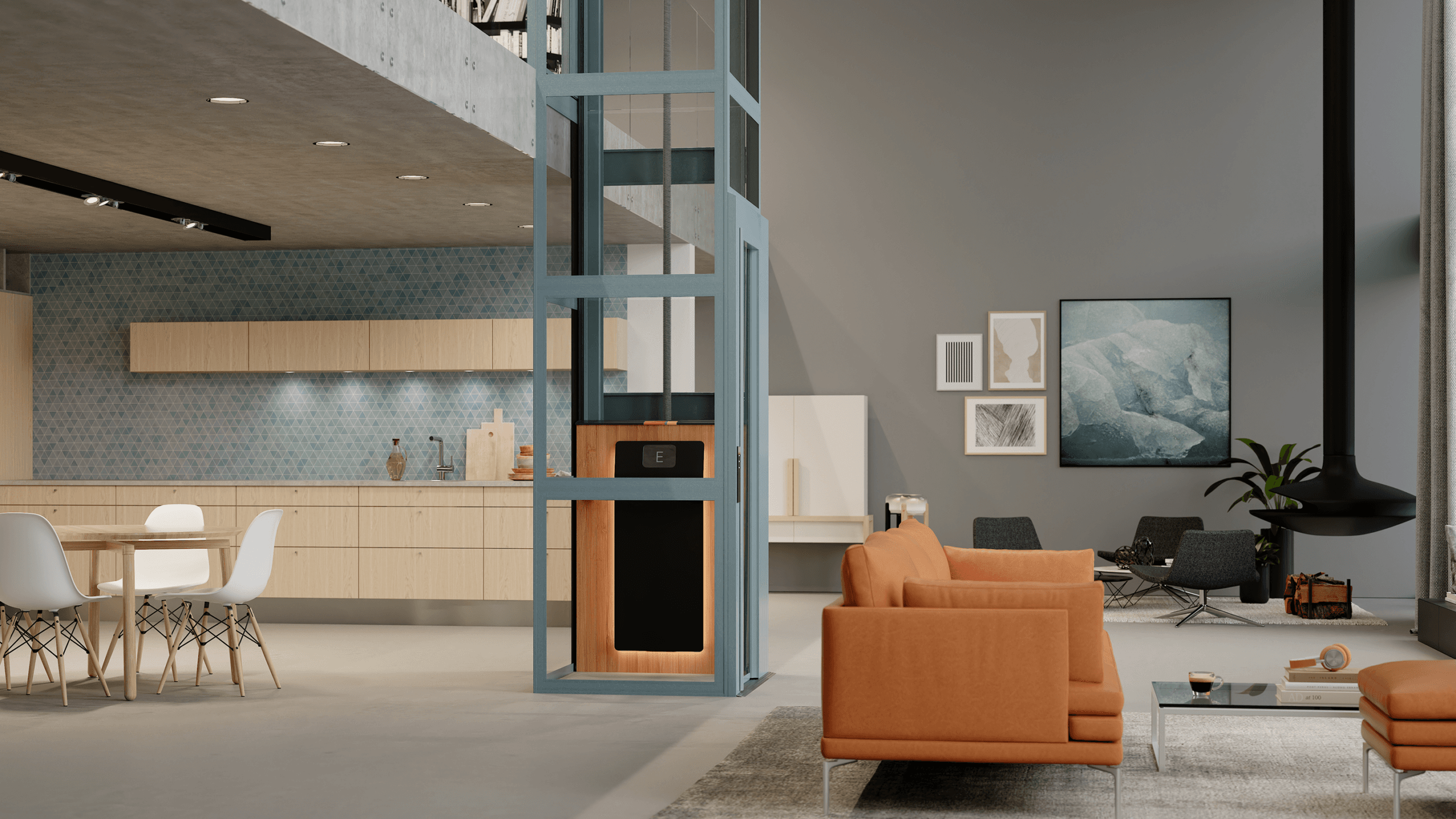 A modern open-concept interior space featuring a kitchen with light wood cabinets and blue geometric tiled backsplash, a small table with white chairs, a living area with orange couches, a glass coffee table, and a freestanding black fireplace. A blue Cibes Air glass elevator is centrally positioned, and framed artwork and plants decorate the walls and room.